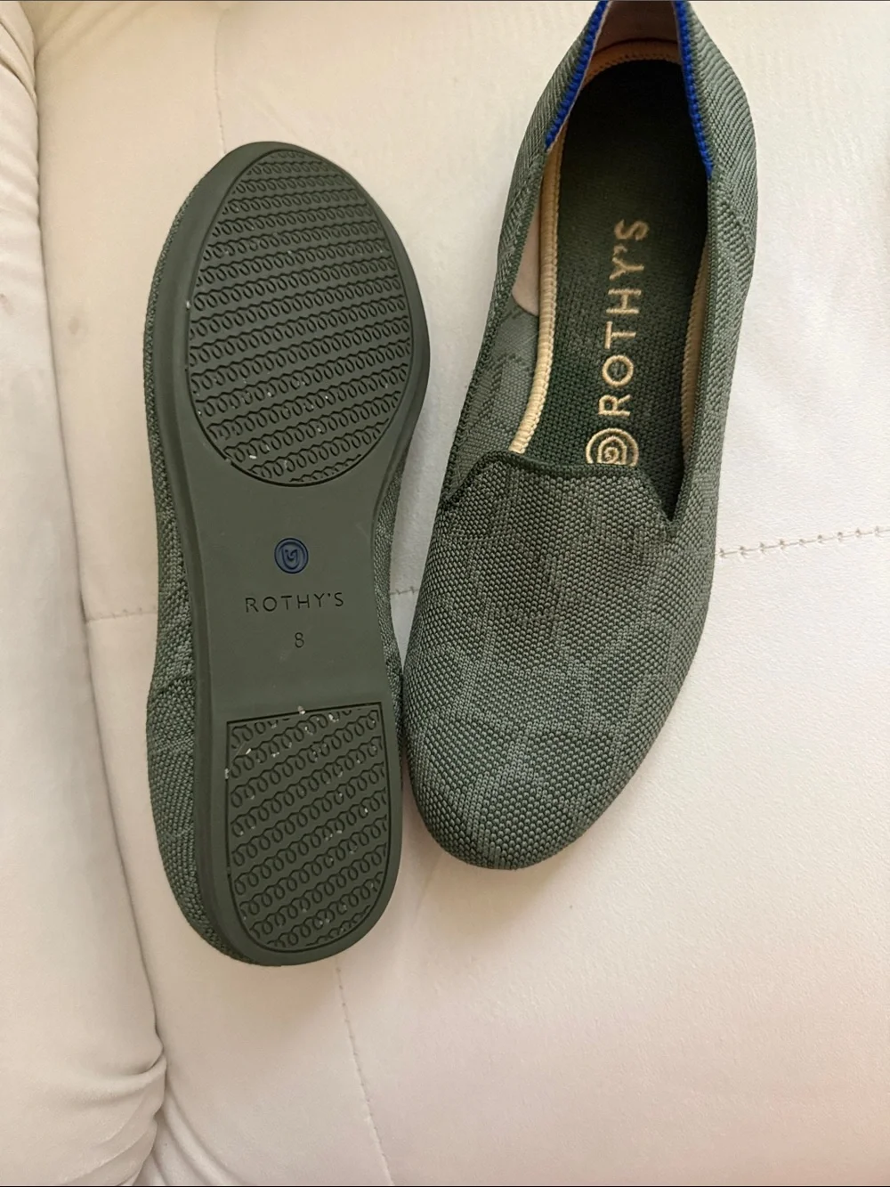 Rothy's Olive Green Knit Slip-On Flats with Blue Trim